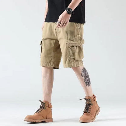 Men's heavy American overalls shorts in khaki, black, or green, loose straight-leg polyester blend summer shorts with zip fly