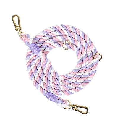Woven rainbow pattern dog leash with double grip handles and a metal clasp.
