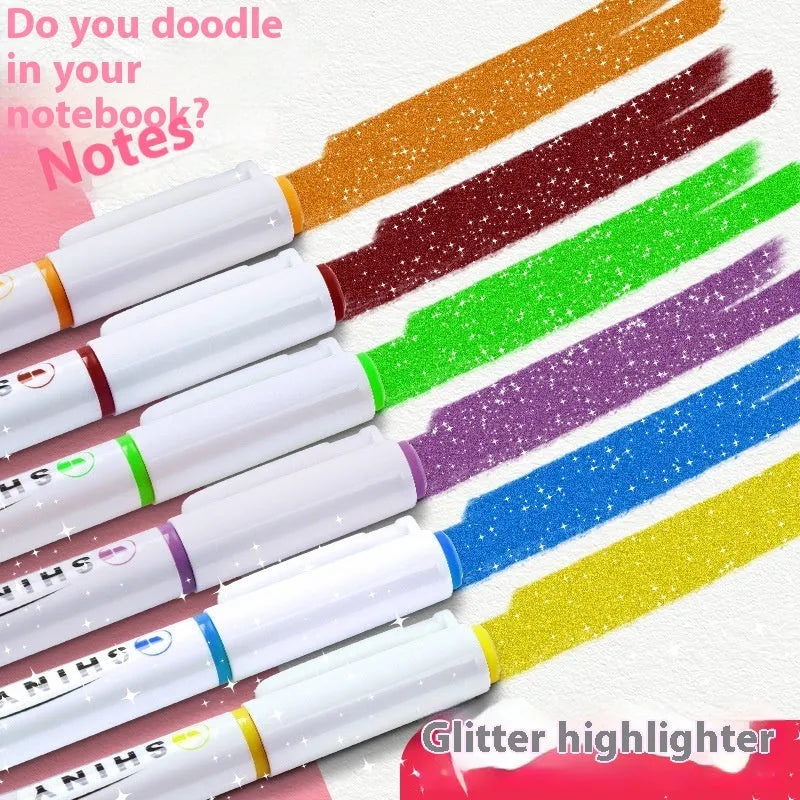 Sparkling Star River Highlighter set with 4mm slanted tip and glitter ink in six shades including taro puff and mung bean smoothie.