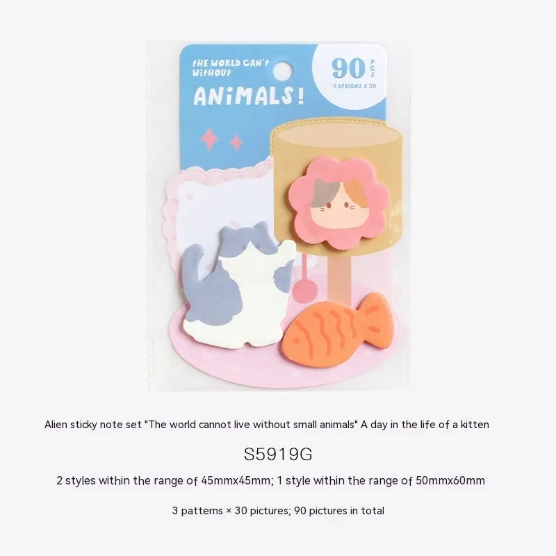 Small animal shaped sticky note set with 90 pages, showing six colourful cover options including bunnies, kittens, and otters