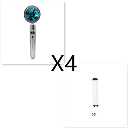 Chrome-finished ABS plastic water-saving shower head with a round, rotating spray head.