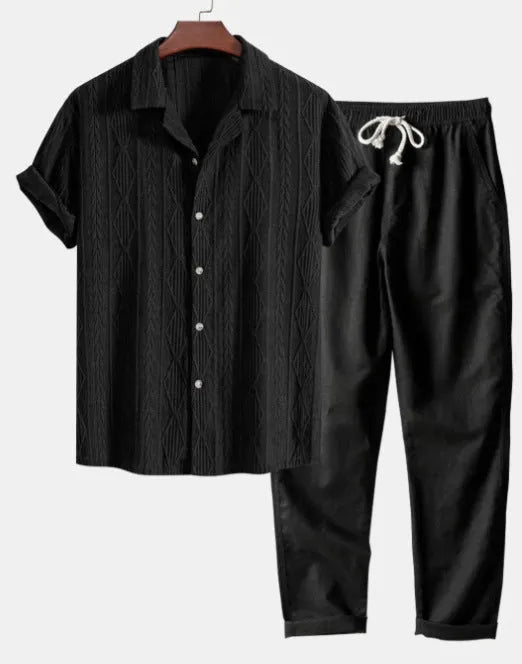 Slim-fit casual suit with digital camouflage print, short-sleeved lapel shirt, and matching trousers for leisure wear