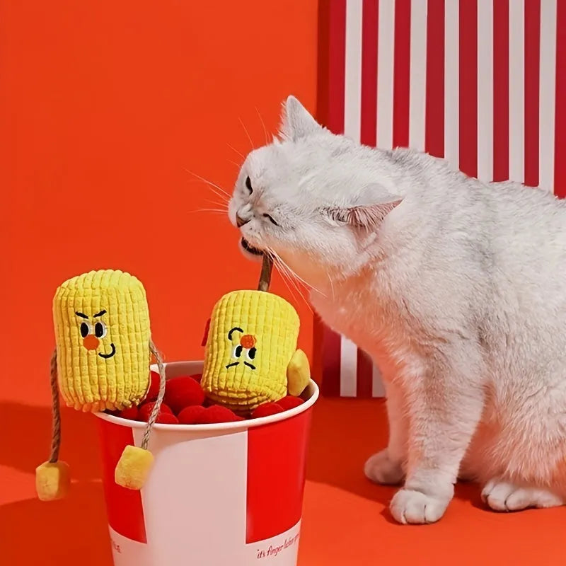 Polio wood corn cob shaped cat toy with catnip for dental cleaning.