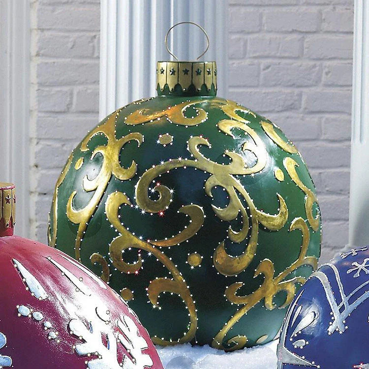 Vibrant, inflatable Christmas ornaments in various holiday designs for outdoor decoration