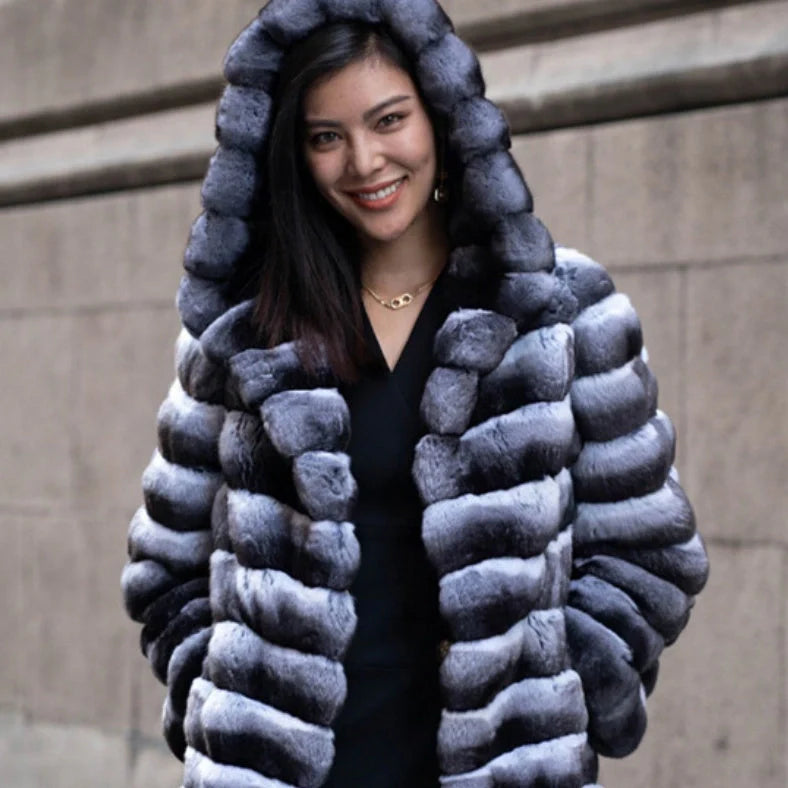 Women's casual artificial mink overcoat with zebra stripes pattern, mid-length 65cm design, regular sleeves