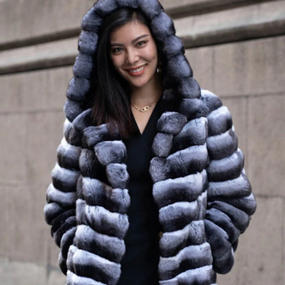 Women's casual artificial mink overcoat with zebra stripes pattern, mid-length 65cm design, regular sleeves