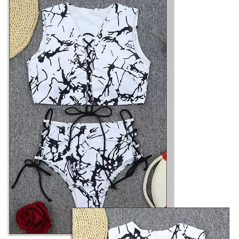 Ladies black and white tie-dye bikini swimwear set with top and pants