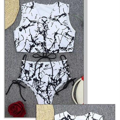 Ladies black and white tie-dye bikini swimwear set with top and pants