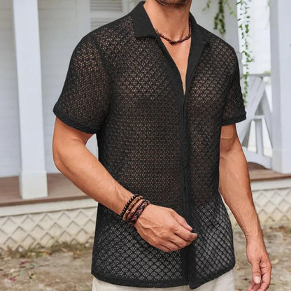 Men's short sleeve lapel shirt in cotton blend fabric shown in black, white and beige colour options