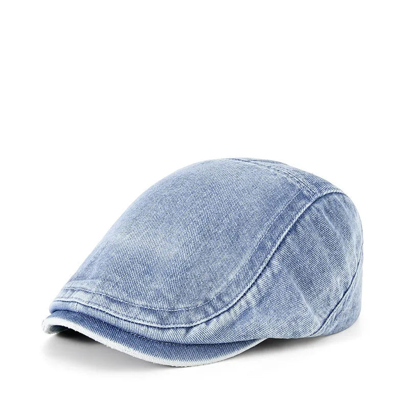 Men's denim baseball cap with flat crown in Korean style, shown in multiple colour options