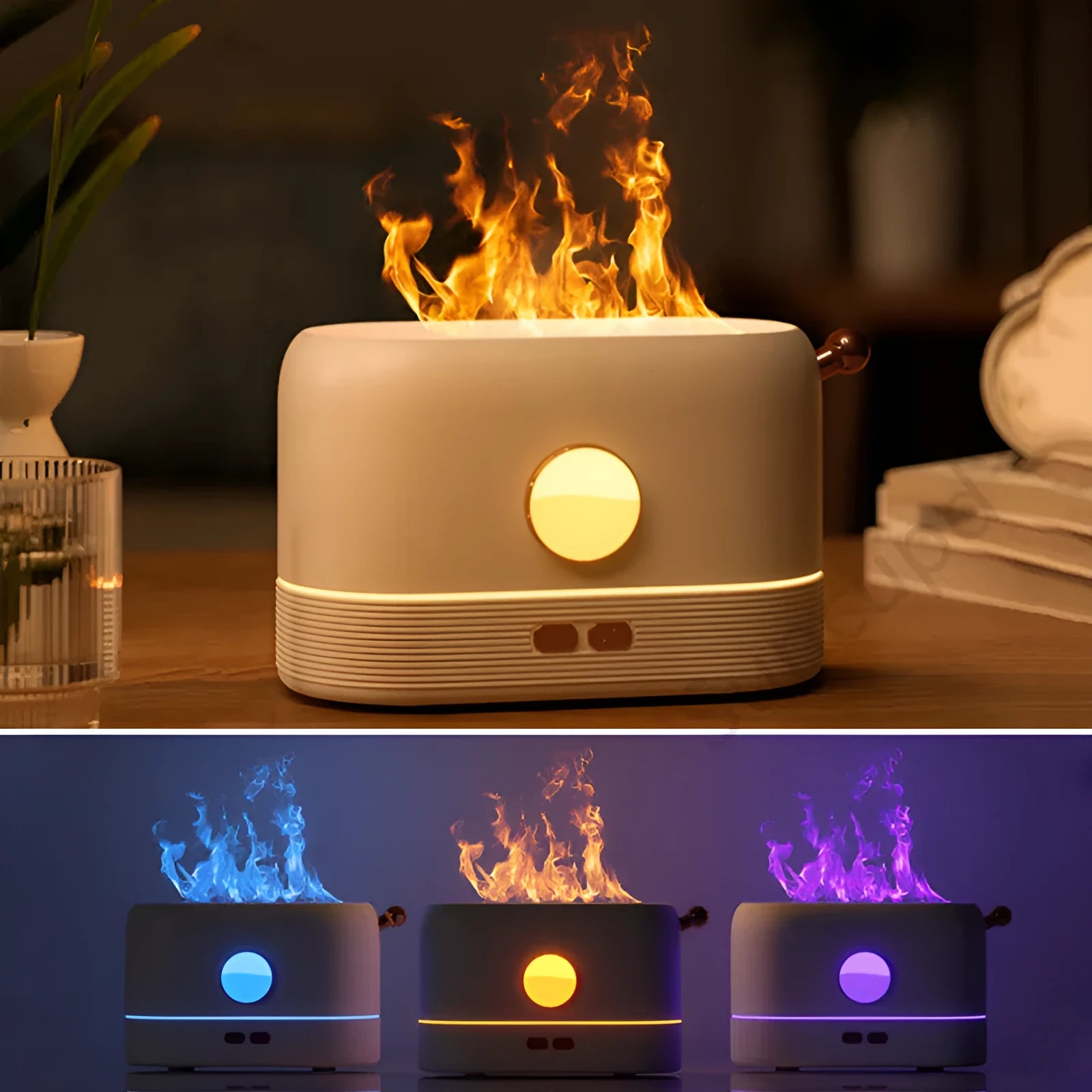 Black USB flame humidifier diffuser with 200ml tank on desktop showing simulation flame effect