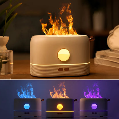 Black USB flame humidifier diffuser with 200ml tank on desktop showing simulation flame effect