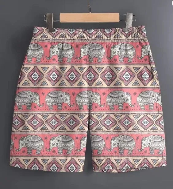 Men's casual polyester shorts in a camouflage pattern, shown with a relaxed fit for outdoor use.