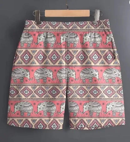 Men's casual polyester shorts in a camouflage pattern, shown with a relaxed fit for outdoor use.
