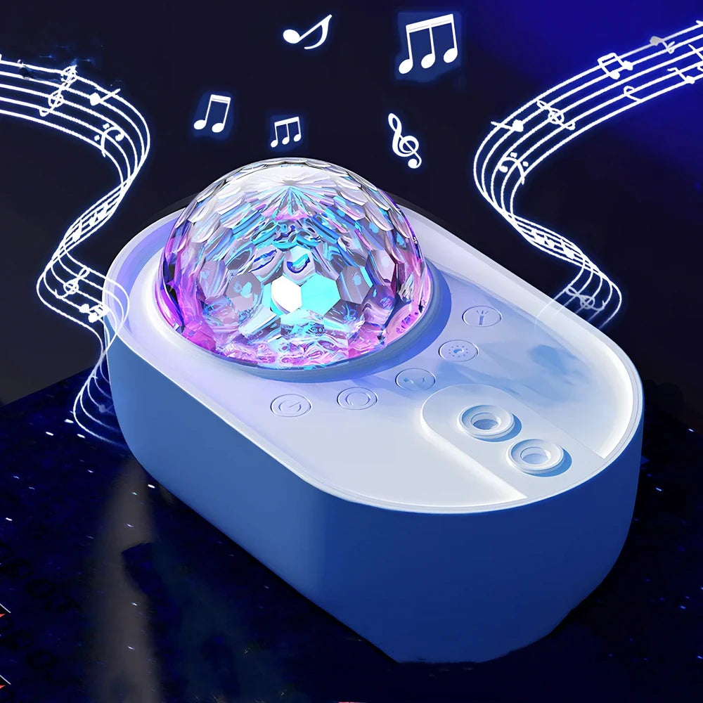 White music laser projector showing wave patterns on ceiling with remote control