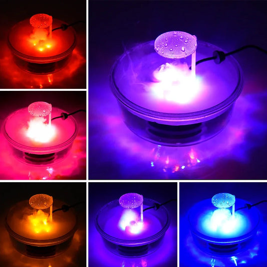Halloween mist maker with colour-changing LEDs creating fog in water feature for indoor horror atmosphere