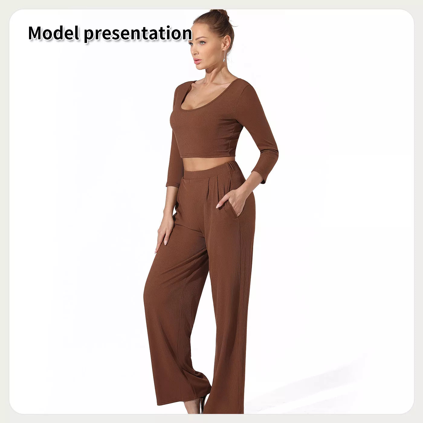Women's solid color top and pants set in black or coffee, sizes S to 4XL