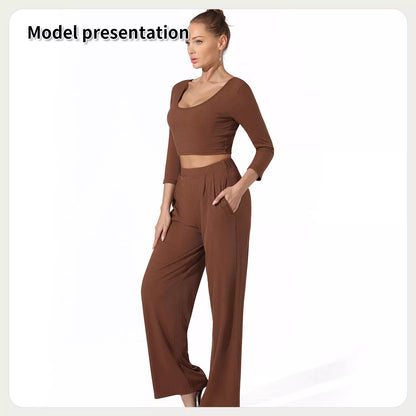 Women's solid color top and pants set in black or coffee, sizes S to 4XL