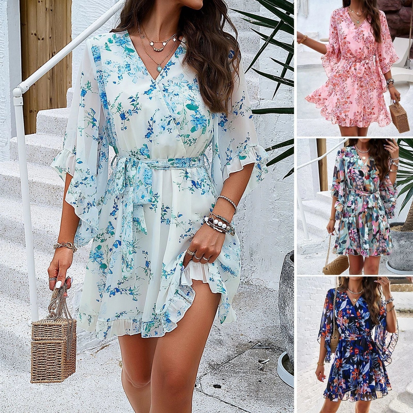 Floral print V-neck short sleeve summer dress with lace-up ruffles in white, pink, black, and green