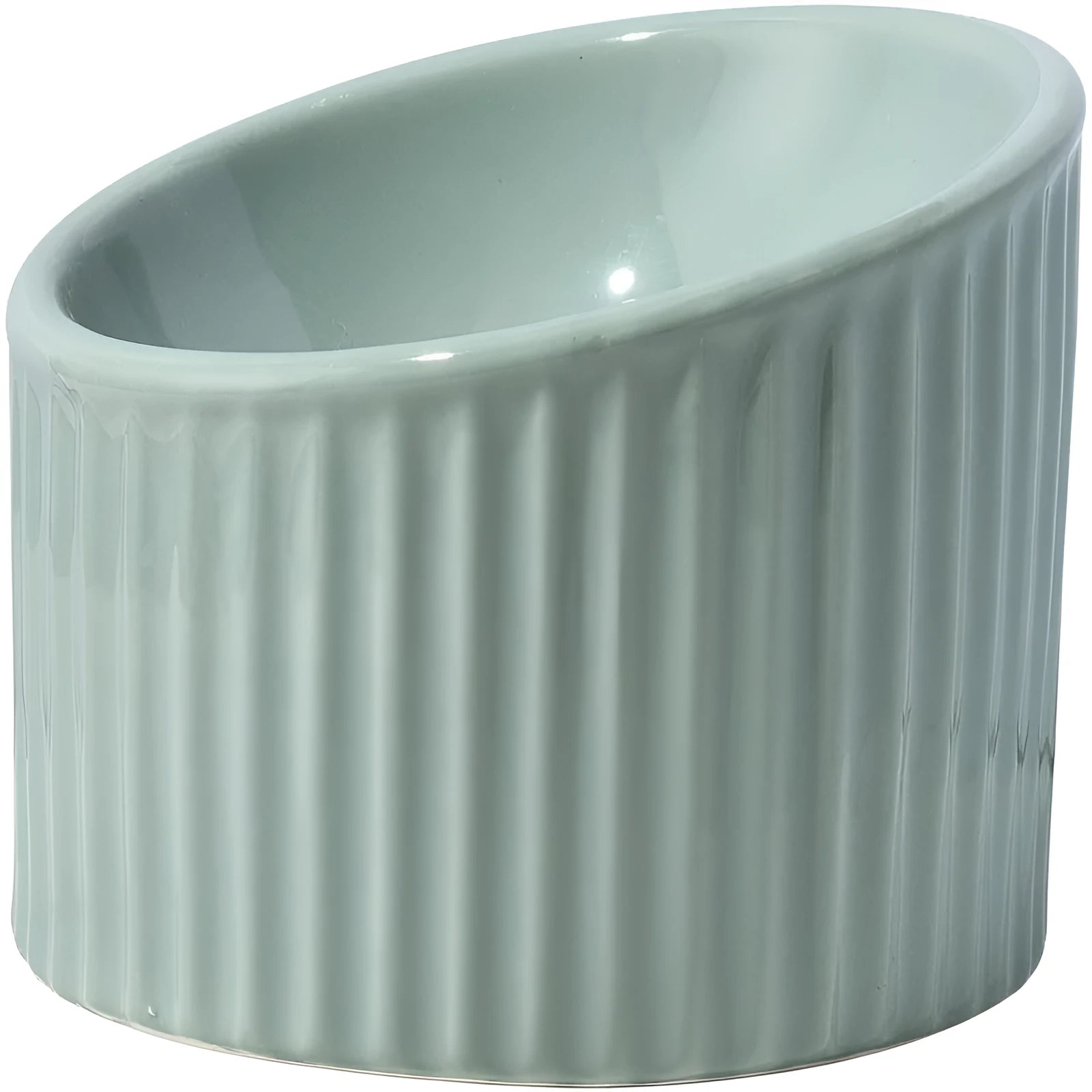 Ceramic raised cat bowl in light green, showing elevated tilted design for pet feeding.