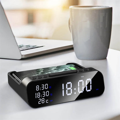 15W Three-in-One Wireless Charger with Alarm Clock and Temperature Tester in black and white