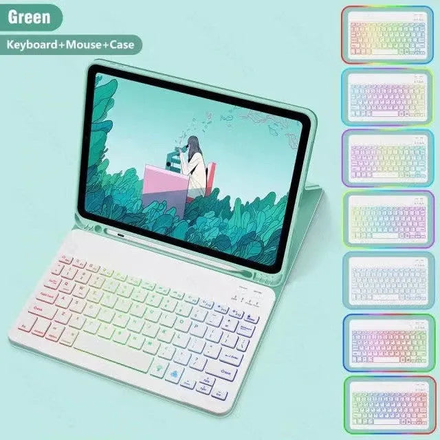iPad in a black TPU leather case with a built-in luminous RGB backlit Bluetooth keyboard and a stand open.