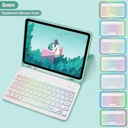 iPad in a black TPU leather case with a built-in luminous RGB backlit Bluetooth keyboard and a stand open.