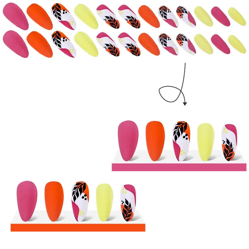 Almond armour shaped nail stickers with frosted finish showing four decorative colour options