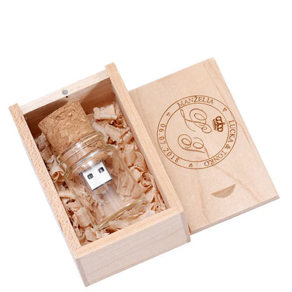 Chocolate brown wooden USB flash drive with personalised lettering and drift bottle storage design