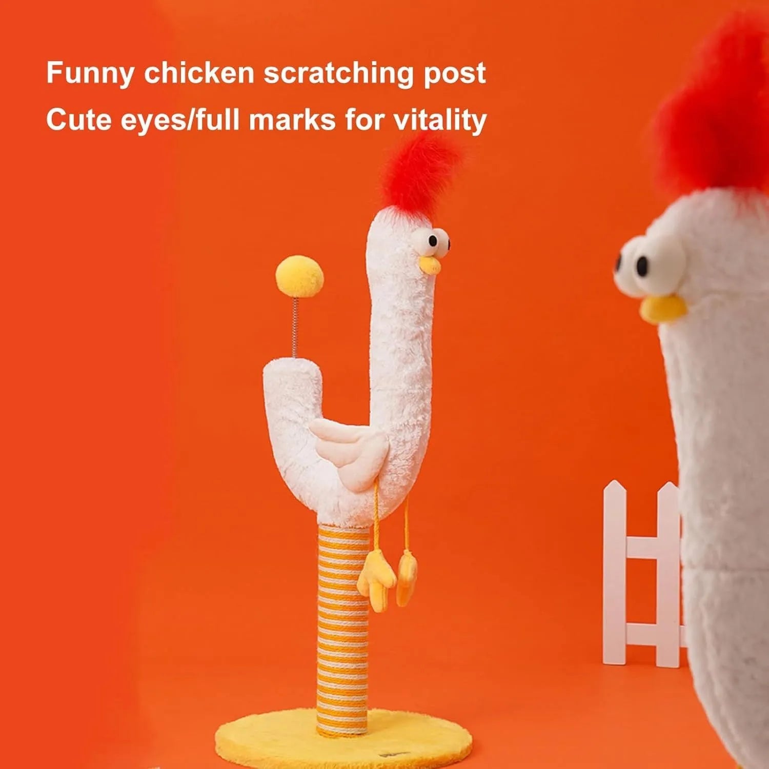 Tall yellow sisal cat scratching post with chicken strip pattern and a spring ball on top.