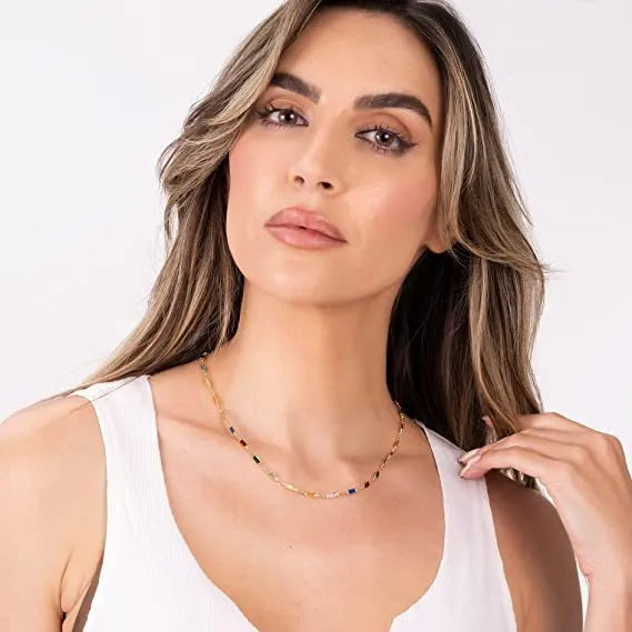 Geometric coloured glass pendant on an adjustable silver-tone alloy chain, modern women's necklace.