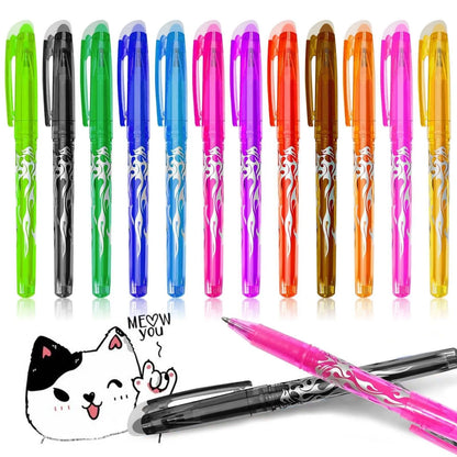 A set of hot erasable gel pens in multiple colours with plastic bodies and stainless steel nibs, shown with a hairdryer to illustrate the heat-erasable function.