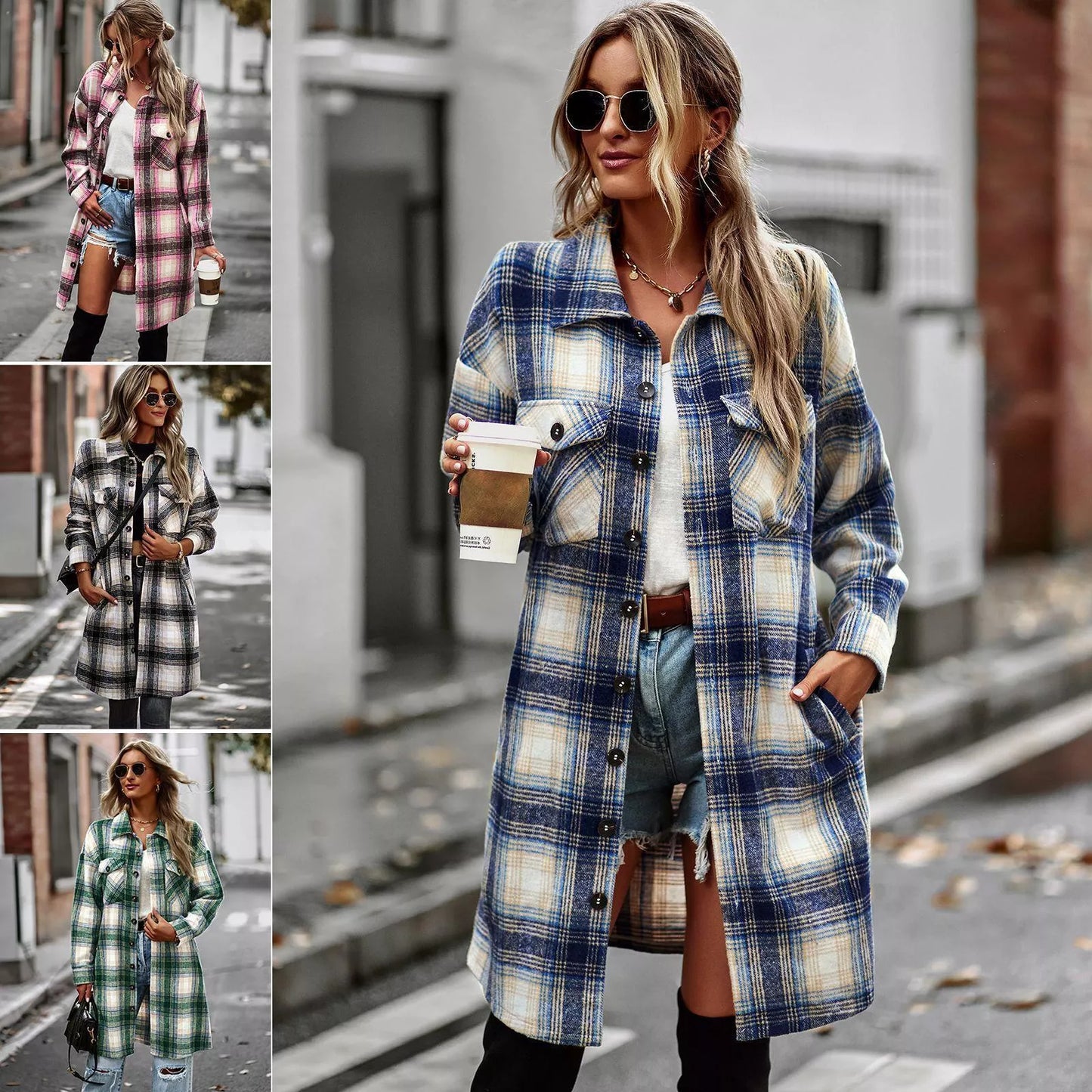 Long plaid woolen cardigan coat for women in pink, blue, green, and black