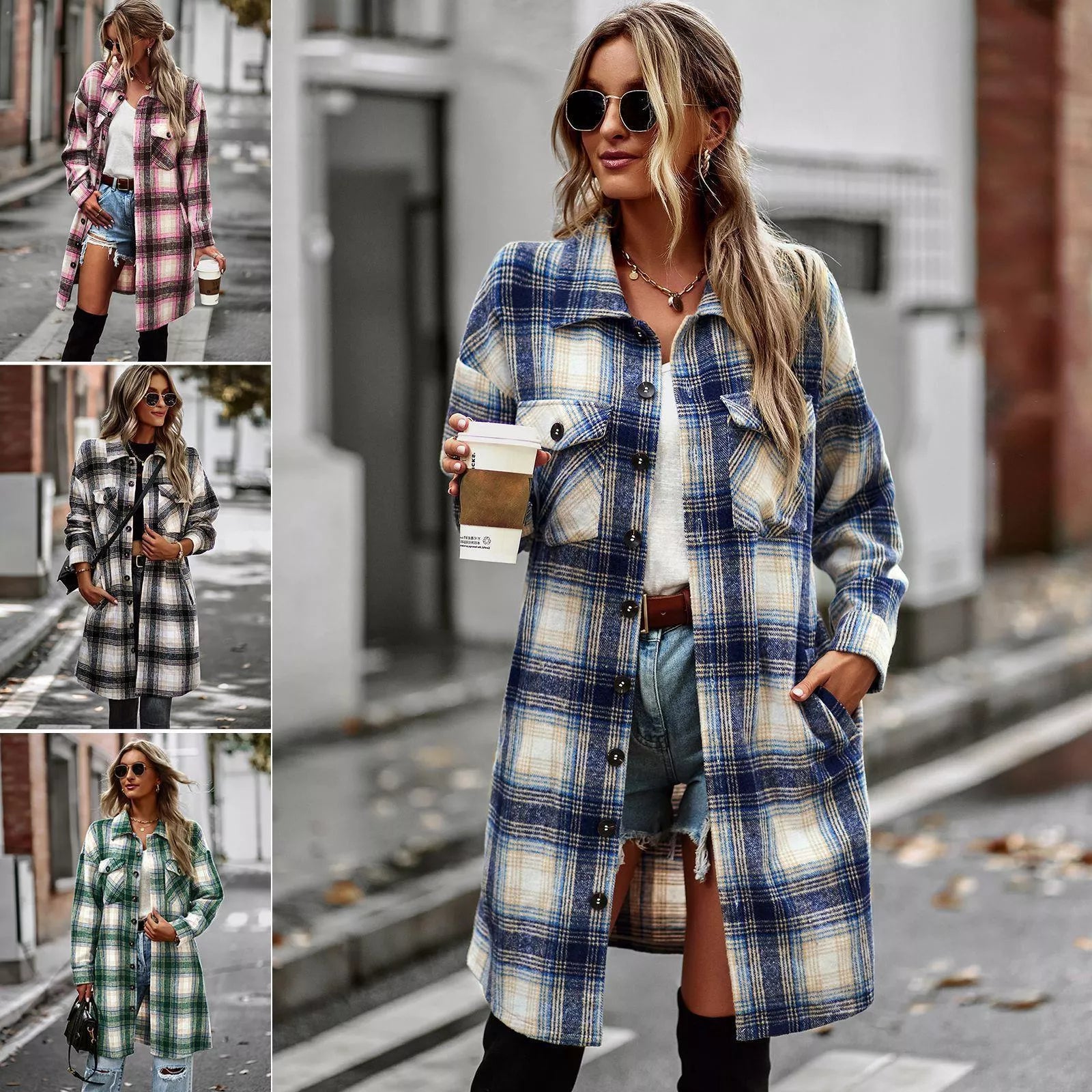Long plaid woolen cardigan coat for women in pink, blue, green, and black