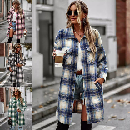 Long plaid woolen cardigan coat for women in pink, blue, green, and black