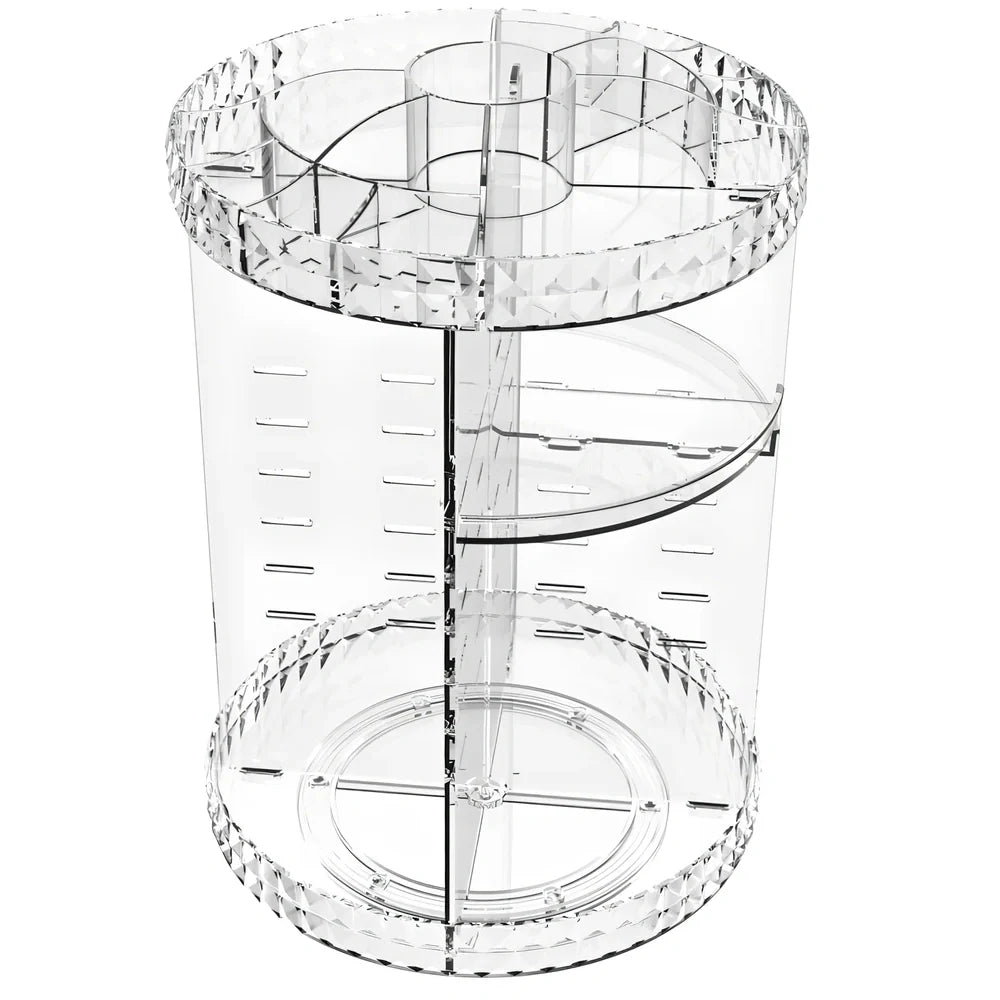 Transparent rotating cosmetics storage rack with skincare bottles organised on 360-degree rotating mechanism