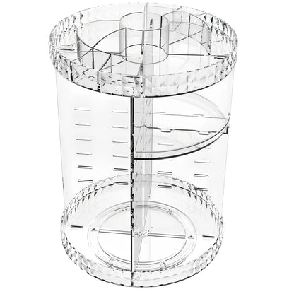 Transparent rotating cosmetics storage rack with skincare bottles organised on 360-degree rotating mechanism