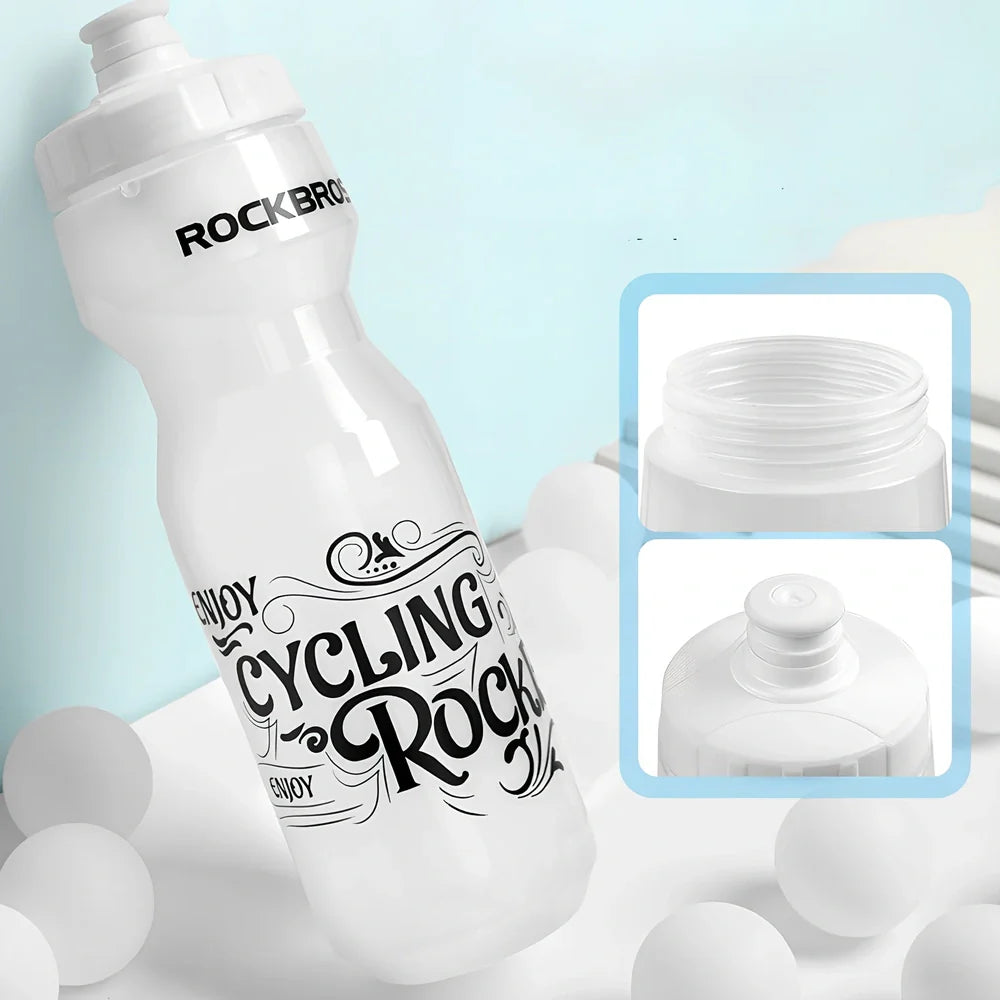 Cycling water bottle with transparent body and white press-type mouth, 750ml capacity
