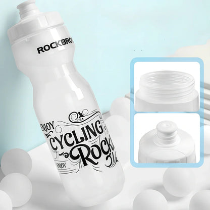 Cycling water bottle with transparent body and white press-type mouth, 750ml capacity