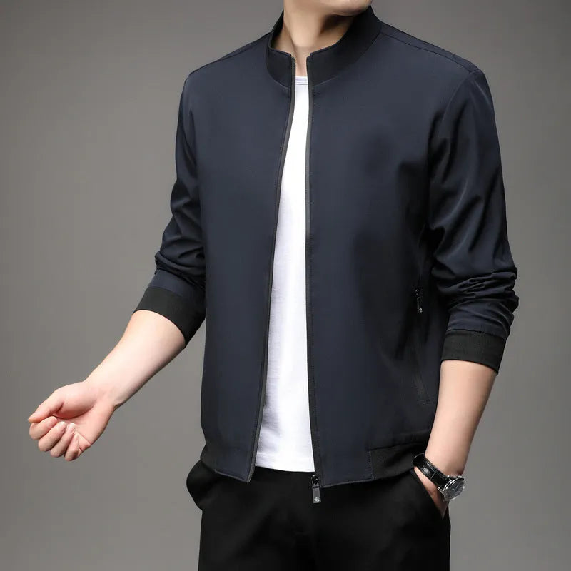 Korean-style loose lapel autumn jacket in black, grey, blue, dark blue, or navy blue with zipper pockets