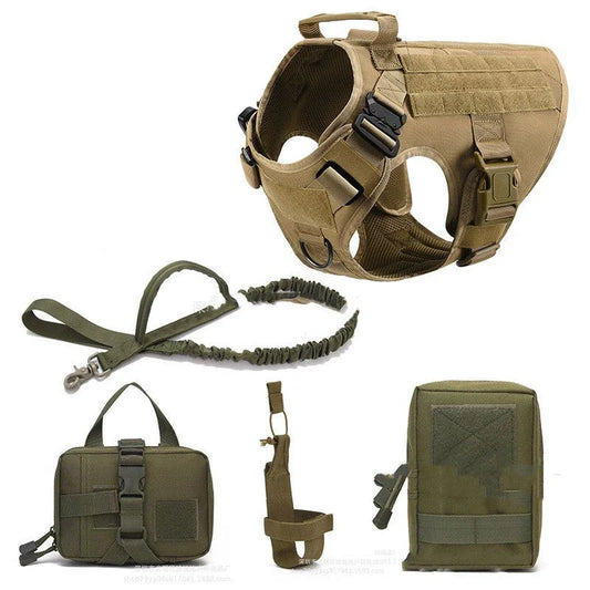 Durable tactical dog harness with reinforced top handle, multiple customizable panels, and leash set for outdoor activities and training