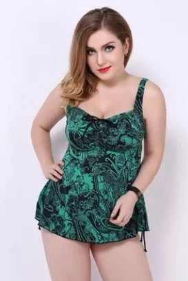 Plus size women's 2-piece swimwear set in leaf green, blue, or red