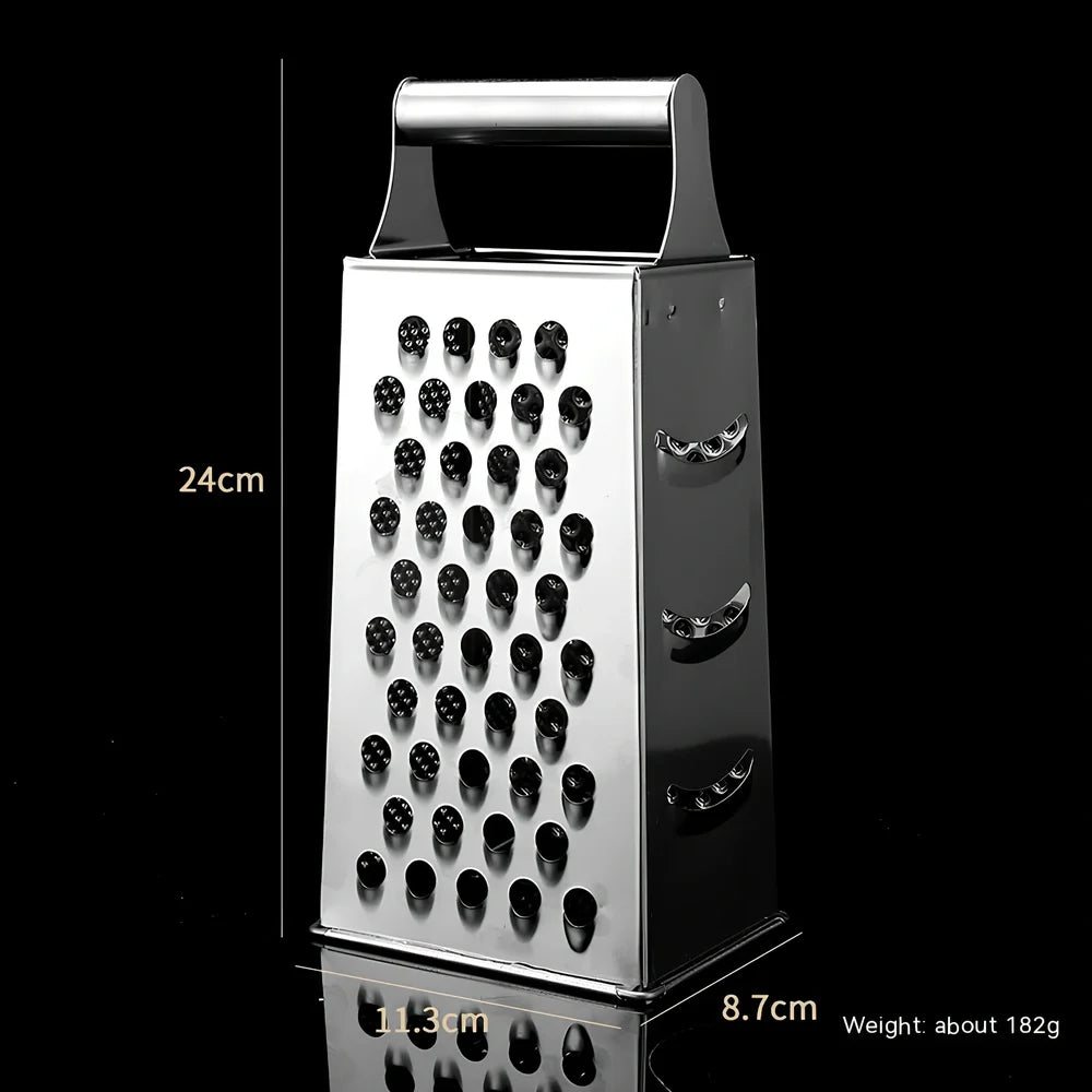 Stainless steel vertical grater with interchangeable plates and weighted base