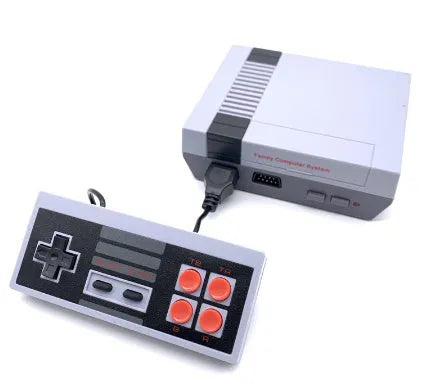 NES 8-bit retro game console with AV cable and two controllers on display