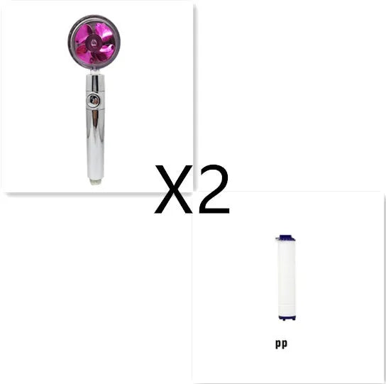 Chrome-finished ABS plastic water-saving shower head with a round, rotating spray head.