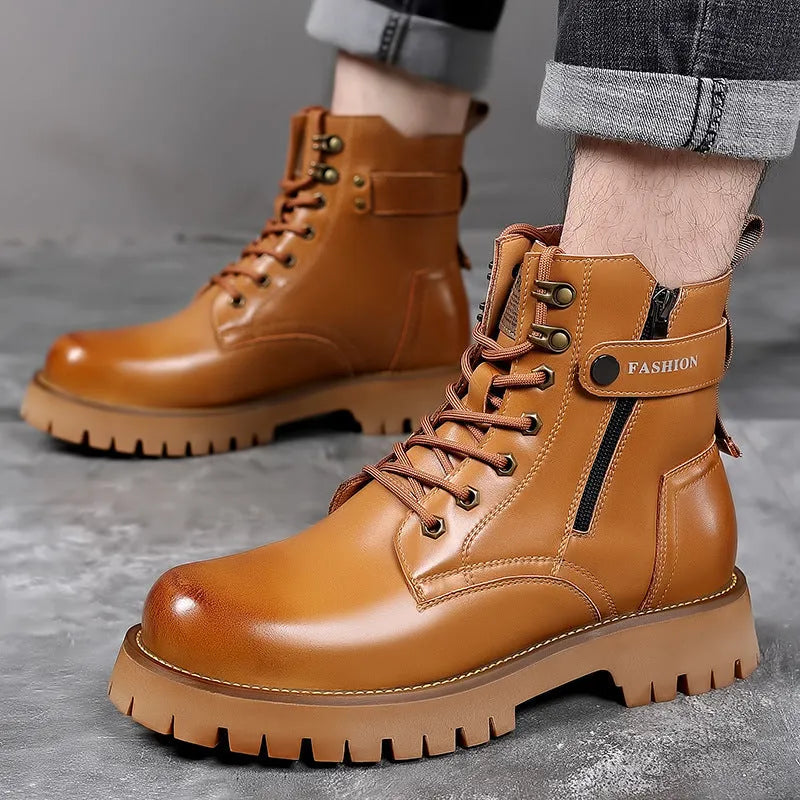 Men's light brown high-top Martin boots with side zipper and thick rubber sole on a wooden floor