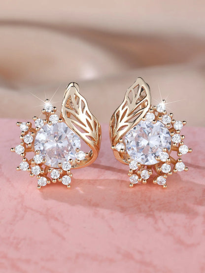 Round flower and feather design earrings in champagne gold with a choice of coloured zircon stones.