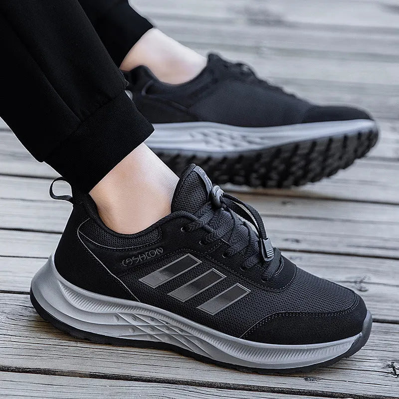 Breathable mesh slip-on mom shoes for men and women in black, dark grey, purple, and purplish red colours.