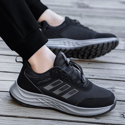 Breathable mesh slip-on mom shoes for men and women in black, dark grey, purple, and purplish red colours.
