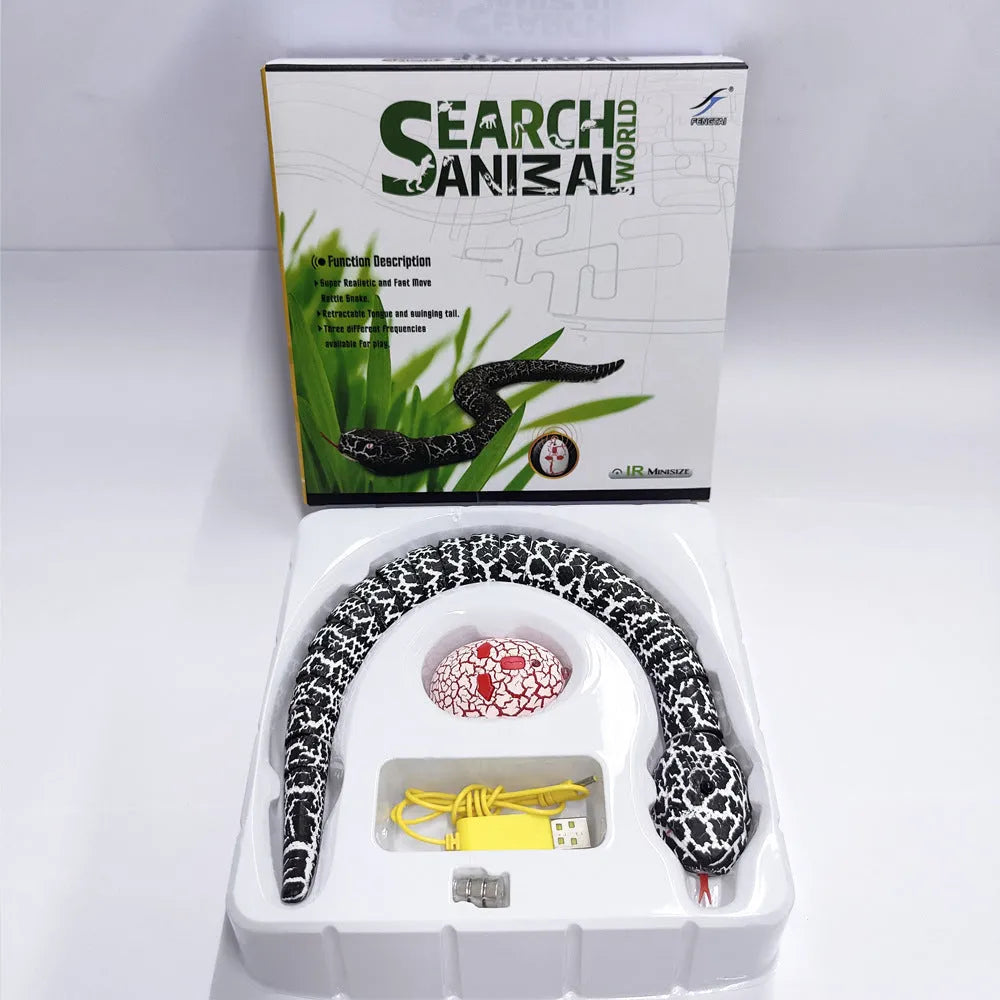 Smart sensing electronic snake cat toy with segmented body for realistic slithering motion on floor.